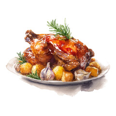 Coq Au Vin in watercolor style, vector illustration, isolated on white background.