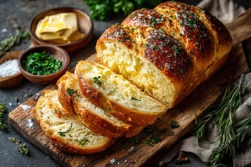 Thanksgiving breadboard arrangement: freshly baked artisanal loaf slices, butter dish, herbs, top-down, warm tones, blank space left 