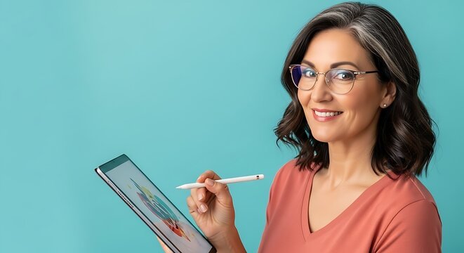 A smiling woman with glasses and graying hair holds a stylus and tablet, looking at the camera against a teal background.