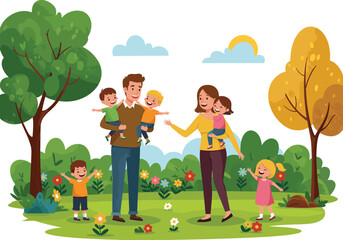 Happy family in park, parents and kids bonding, outdoor fun, nature, greenery, trees, flowers, sunshine, seasonal joy, cheerful moment