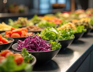 Buffet table with bowls of fresh salad ingredients. Red cabbage lettuce tomatoes and other vegetables arranged in dark dishes for self service meal. Healthy food assortment.