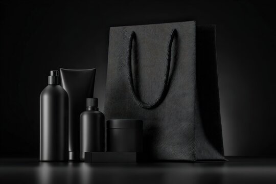 Black Friday fashion still life in all-black palette, reflective surface, soft key light, copy space, no brand marks 