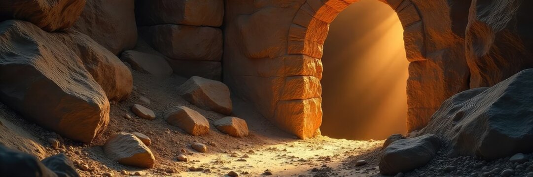 A symbolic depiction of resurrection; an empty tomb with soft morning light illuminating it, signifying hope and new life The stone is rolled away, revealing the interior , divine, sacred, future - Powered by Adobe