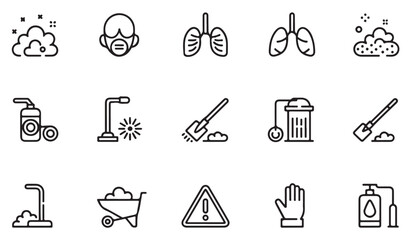 Naklejka premium Minimal dust and cleaning icon set with air pollution, vacuum, lungs, mask, broom, mop, shovel, detergent, and hygiene illustrations