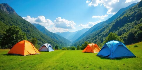 A variety of camping tents pitched on a lush green campsite under a clear blue sky Perfect for travel, adventure, and outdoor recreation imagery , nylon, holiday, green grass