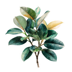 Ficus Elastica, watercolor painting, vector illustration, isolated on a white background.