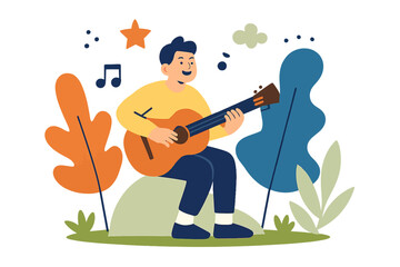 Joyful Man Playing Acoustic Guitar in Serene Nature Illustration with Glowing Musical Notes, Stars, and Foliage – A Vibrant Flat Design Vector Artwork Capturing Peaceful Melodies and Creative Expressi