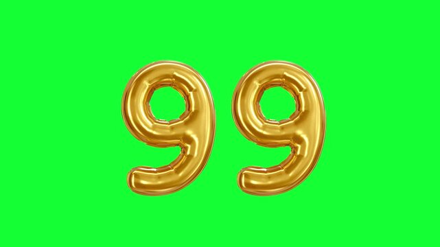 Number 99 golden inflatable foil balloons. Bright party decoration. Ninety nine years on green background
