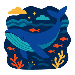 Naklejka premium Blue whale swims in deep blue ocean with orange fish, coral, clouds, and stars. Modern layered paper-cut illustration, marine life art. Capturing serene underwater scenes, nature's beauty, and peacefu