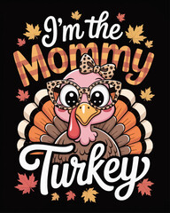 The t-shirt design features a cartoon turkey character as the focal point. Turkey sports stylish leopard print glasses. The text "I'm the MOM Turkey