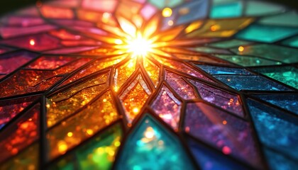 Close-up on glowing stained glass window pattern. Colorful geometric shards refract light, creating bright sparkling effect. Abstract floral design with warm orange yellow hues radiating outward from