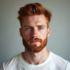 Obraz premium Portrait of young redhead man with beard and mustache. He wears white t-shirt. Man has green eyes, stylish hair. He looks straight into camera with neutral expression.