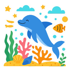 Obraz premium Happy Blue Dolphin in a Vibrant Underwater Cartoon Scene with Colorful Coral Reefs, Playful Fish, Glowing Bubbles & Seashells. Perfect Kids' Ocean Art for Nursery Decor & Educational Themes.