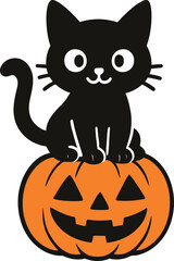 Cute Black Cat Sitting on Pumpkin Vector Illustration