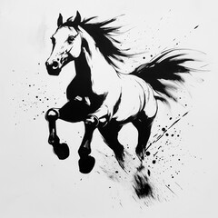 Detailed black and white horse illustration, great for tattoos, logos, posters, equestrian graphics, decorative prints.