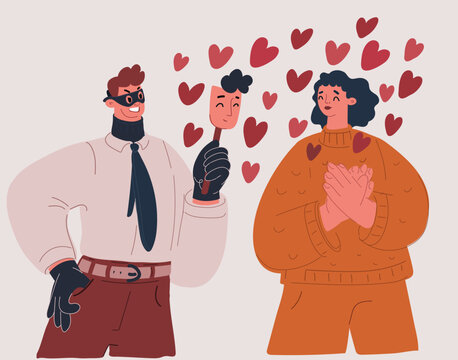 Cartoon vector illustration of a woman falling in love with a charming scammer, romantic scam, and pig butchering concept