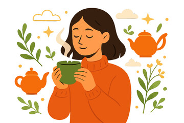 Cozy woman enjoying a steaming mug of tea, eyes closed in peace, wearing an orange sweater. Background features teapots, leaves, flowers, clouds, in warm autumn colors. Evokes deep relaxation and sere