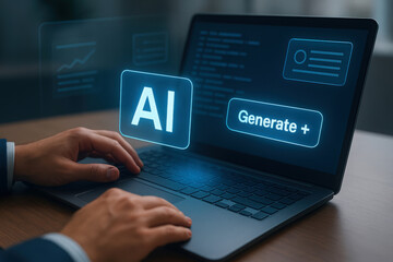 Businessman using AI software; futuristic technology concept; digital innovation; data generation; modern laptop; professional workspace.