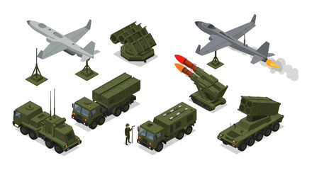 Obraz premium Isometric military vehicles and equipment set featuring combat trucks and mis…