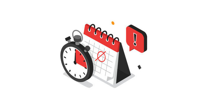 Deadline alert: isometric calendar and stopwatch with urgent notification symbol
