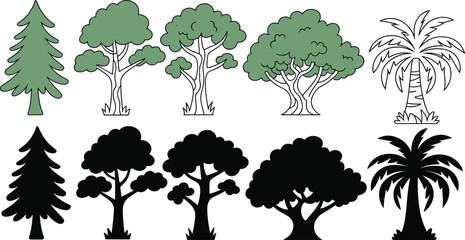 Set of stylized tree graphics, including black silhouettes, color illustrations, and outlines, representing various plant types for nature and ecology concepts.