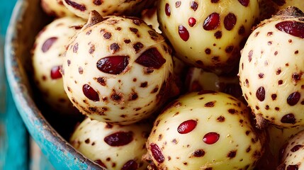 Pineberries with pale skin and red seeds on ceramic tray, copy space top right 