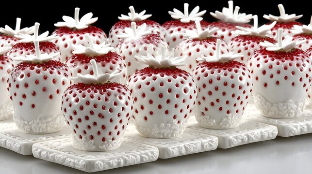 Pineberries with pale skin and red seeds on ceramic tray, copy space top right 