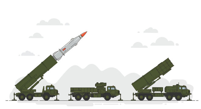 Military missile launcher vehicles in flat design with cloudy mountain backgr…
