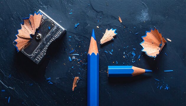 Vivid blue pencil composition with sharpener on dark background, top view