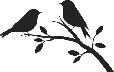 Black silhouette of two birds on a branch with leaves, isolated on white, a simple and elegant illustration perfect for nature and animal concepts.