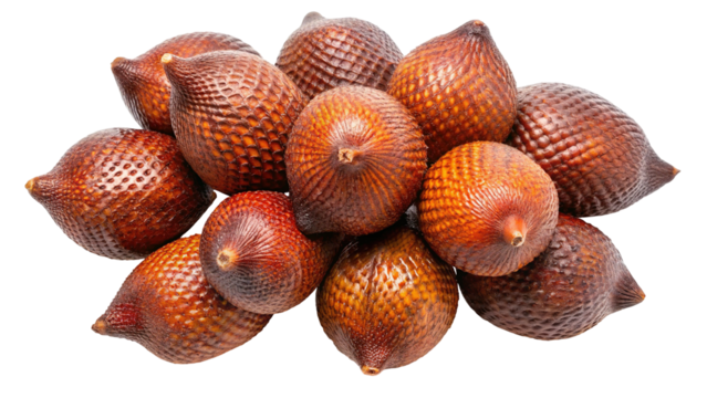 A cluster of ripe salak fruits with their distinctive scaly brown skin isolated on transparent background