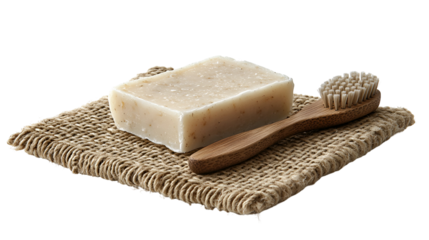Natural Soap and Wooden Brush on Burlap Fabric for Spa and Wellness Skincare Routine Still Life