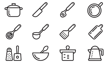 Minimal kitchen utensils line icons set with pot, knife, whisk, ladle, spatula, cutting board, pan, kettle, bowl, and grater cooking tools symbols