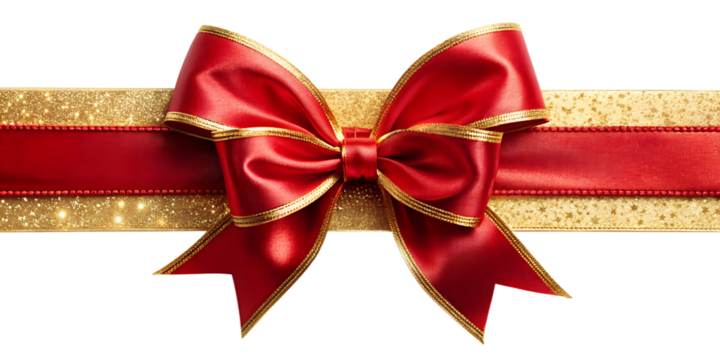Festive red and gold ribbon bow isolated on transparent background, perfect for christmas or special occasion gift wrapping