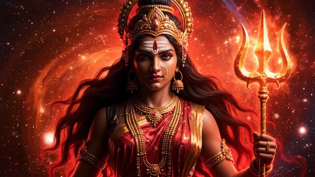 Powerful Goddess Shakti with Glowing Trident - A stunning digital illustration of the Hindu goddess Shakti, adorned in rich red and gold attire, holding a glowing trident.