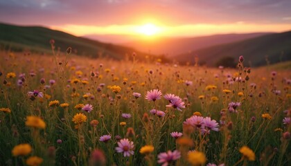 Fototapeta premium Vibrant wildflower field with pink, yellow blooms at sunset. Golden light bathes hills, creates warm glow. Nature landscape feels peaceful and serene. Evening sky colors softly blend over mountains.