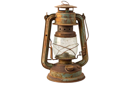 Rustic vintage lantern with rusty finish for home decor and antique oil lamp collectors