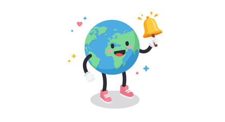 Cute cartoon earth character with bell and hearts on white background