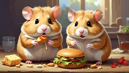 Two adorable hamsters savor a delicious meal of cheese and a burger, creating a heartwarming and playful scene.