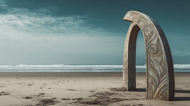 Ornate stone archway stands on a sandy beach with ocean waves and cloudy sky in the background