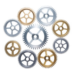 Interlocking gears of different sizes and colors arranged in a circle Keywords: gears, cogs