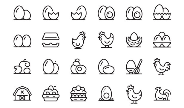 
Minimal poultry farming line icons set with eggs, hens, rooster, nest, barn, basket, carton, hatch, and organic food symbols