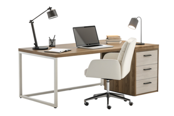 Modern home office desk setup with laptop and lamp on simple wooden table with drawers for storage