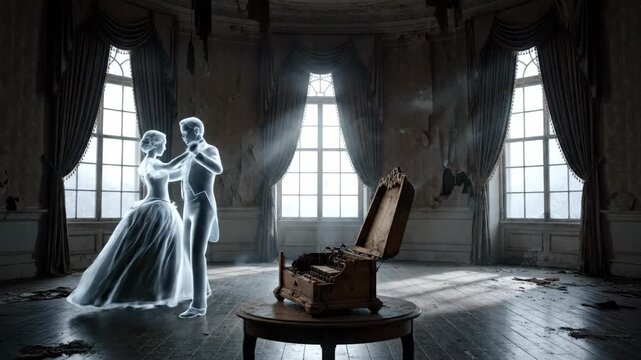 Ghostly Waltz in a Decaying Ballroom - A translucent ghostly couple waltzes in a dilapidated ballroom, illuminated by sunlight streaming through damaged windows.