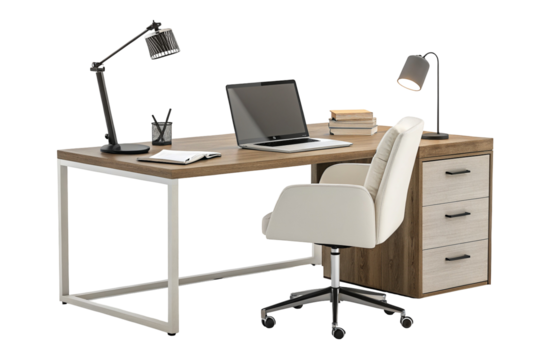 Modern home office desk setup with laptop and lamp on simple wooden table with drawers for storage