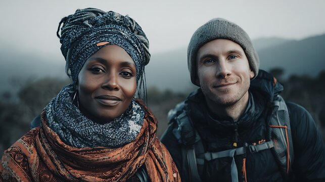 Portrait of a smiling african woman with headwrap and a white man with beanie outdoors on a cloudy day - Powered by Adobe