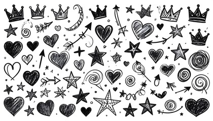 A collection of hand-drawn, black and white designs featuring various shapes, including hearts, stars, crowns, and arrows, creating a playful and whimsical composition.