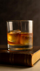 Golden Whiskey Glass with Ice Cubes on Old Book