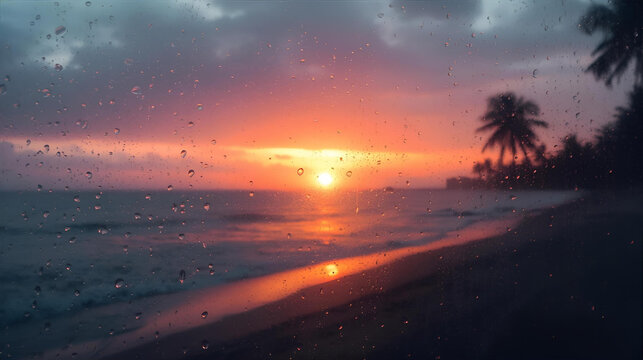 Raindrops on glass frame a vibrant tropical sunset over a serene beach, with warm light reflecting on the ocean and silhouetted palm trees creating a peaceful evening - Powered by Adobe