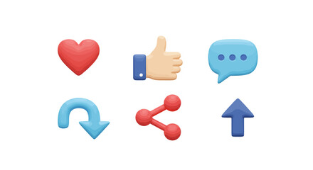 Colorful 3d social media icons including heart, thumb up, and chat bubble